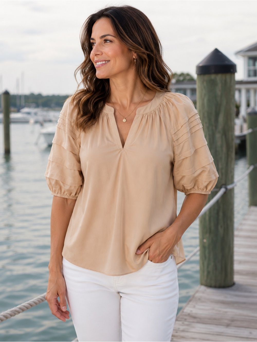 Anna Cate Camel Ariel Women's Elegant Tan Blouse top New XS
